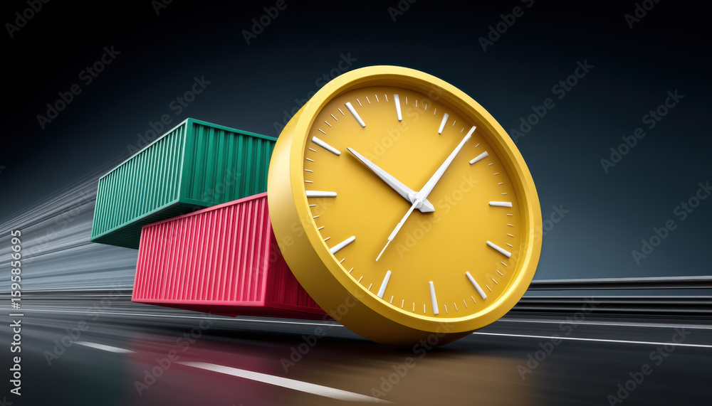 Poster time concept with trade containers and clock symbolizing fast shipping and logistics in competitive 