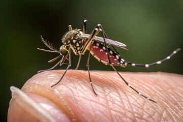Mosquito sucking blood on human finger