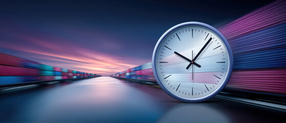Time concept with clock and blurred cargo containers symbolizing trade and war impact on logistics and transportation during sunset
