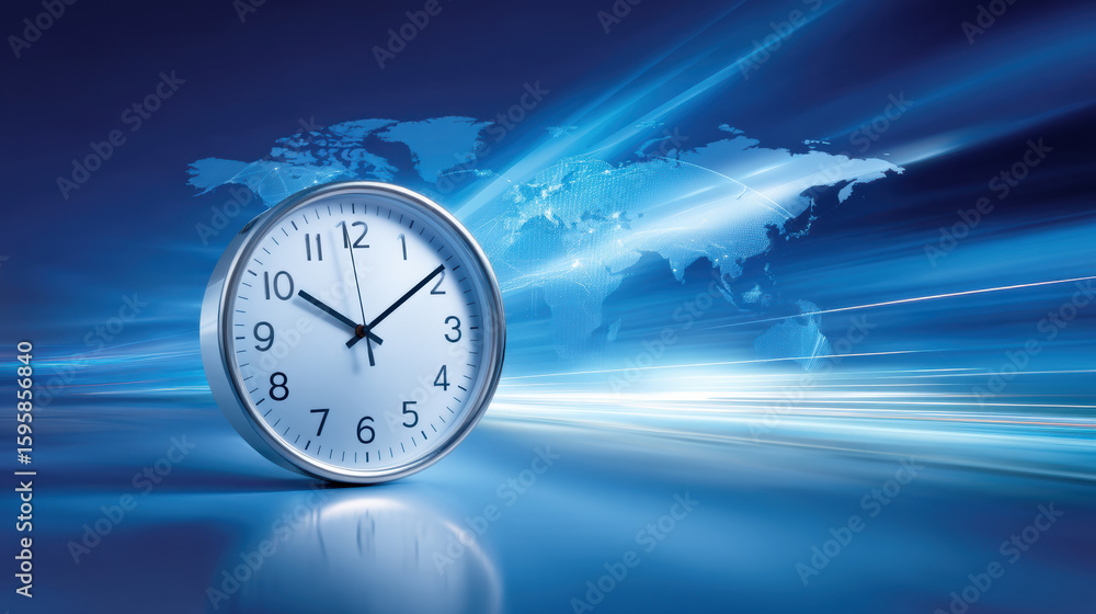 Poster time concept trade war represented by clock and world map with dynamic light streaks symbolizing glo