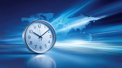 Time concept trade war represented by clock and world map with dynamic light streaks symbolizing global conflict and economic tension