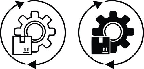 Reverse Logistics Icons. Black and White Vector Illustrations. Cargo Box and Gear. Returning Product to Manufacturer for Recovery or Disposal. Delivery Service