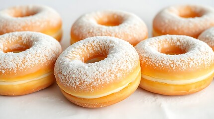 Delicious donuts with sugar powder on white table, closeup.