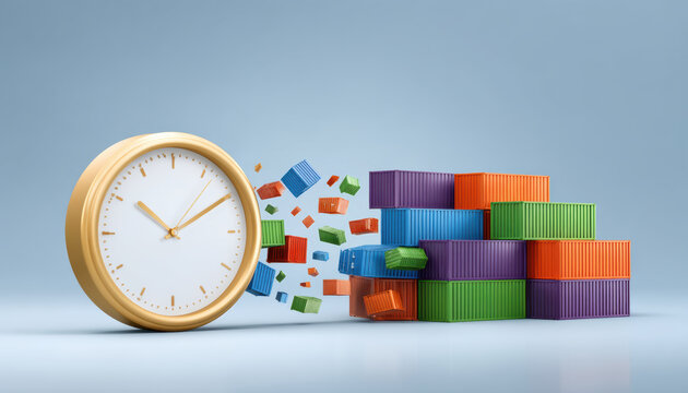 Time concept with colorful trade containers exploding from clock symbolizing urgency and war impact on global commerce