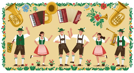 A dynamic flat design illustration capturing the energy of traditional Bavarian folk dancers in authentic costumes, accompanied by classic musical instruments, ideal for cultural events.
