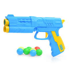 A toy blue pistol on a white background.