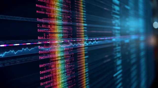 Futuristic digital data streams with vibrant neon colors and glowing charts
