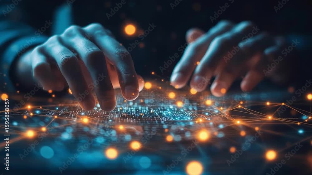 Poster hands interacting with glowing digital network interface with orange and blue lights, symbolizing te