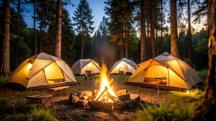 A campfire is lit up by a fire in the woods. 4k video