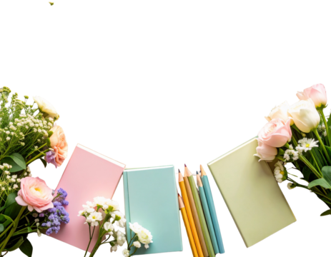 Flatlay of Pastel Books, Pencils, and Floral Accents on Wooden Desk.