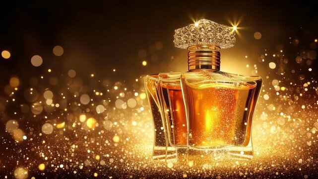 Luxury perfume bottle with golden glitter sparkle and elegant glass fragrance design in warm glowing background creating glamorous atmosphere