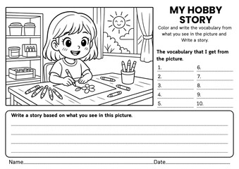 Hobby Story Writing Prompt Worksheets for Grades 1–3, Creative Writing, Vocabulary Practice & Sentence Building Activity, Back to School