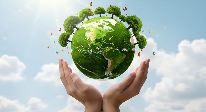 hand holding green earth A clean and beautiful green planet Earth floating in a pair of human hands, surrounded by butterflies, trees, and flowers, glowing softly under a sunny sky — ultra-detailed, - Powered by Adobe