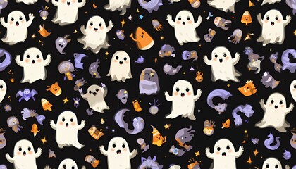 Obraz premium Cute Halloween Pattern with Friendly Cartoon Ghosts and Candy on Black Background