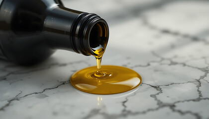Golden Oil Pouring from Black Bottle onto White Marble Surface