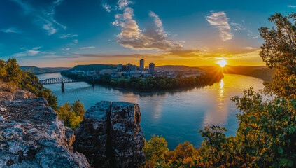 Fototapeta premium Scenic views of the picturesque banks and historic bridges located on the river, showcasing the natural landscape and riverside architecture.