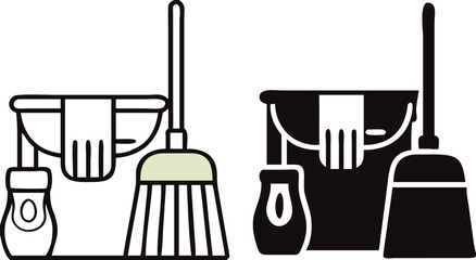Cleaning Icons. Black and White Vector Illustrations. Bucket, Broom, Rubber Glove, and Detergent. Cleanliness in the House. Hygiene Concept