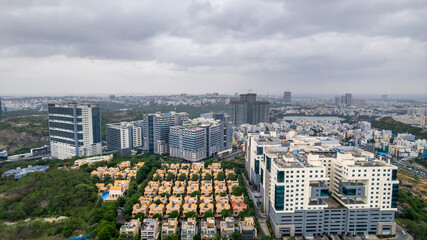 Aerial view of residential villas betwen technology companies in Financial district, Nanakramguda, Hyderabad, India.