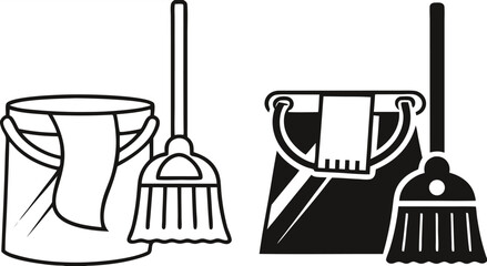 Cleaning Icons. Black and White Vector Illustrations. Bucket, Broom, Rubber Glove, and Detergent. Cleanliness in the House. Hygiene Concept
