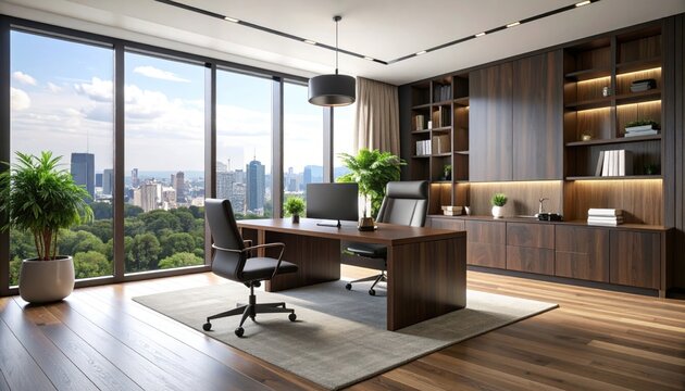 Sophisticated executive office interior with cityscape view and wooden accents