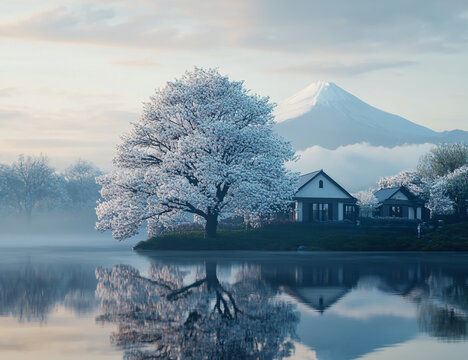 Stunning high-resolution image of a flowering white tree in the foreground, majestic mountains in the background, gentle reflections in calm water,