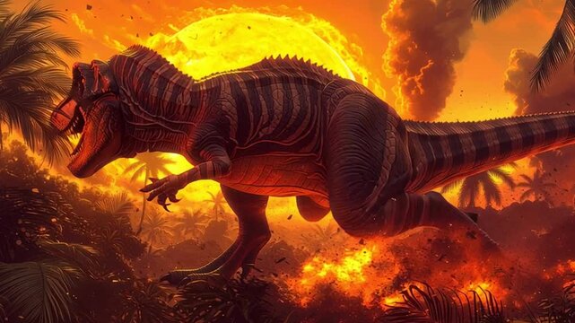 Dinosaur with glowing eyes roars in fiery prehistoric jungle at tropical sunset, intense scene with palm trees, smoke, and glowing embers lighting sky