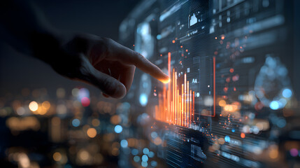 Finger touching a digital screen displaying orange bar graphs with a blurred city background at night