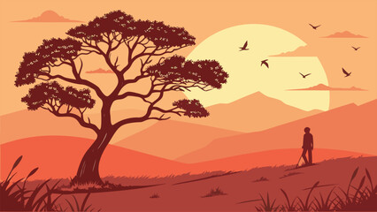 A Lone Acacia Tree Stands on the Edge of a Vast Open Plain with a Solitary Figure and Sunset Mountains