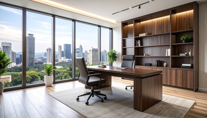 Fototapeta premium Sophisticated executive office with city view and sleek wooden shelving unit