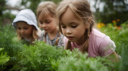 Children exploring and learning about herbal plants in a garden