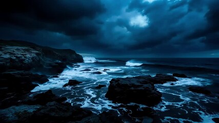 Dramatic storm clouds gather over the turbulent ocean at sunset, casting a powerful, beautiful shadow across the rugged coastline High quality natural video footage 4k cenamatic video short - Powered by Adobe