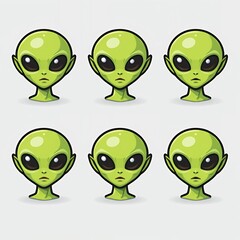 Obraz premium Green Alien Head Cartoon Character Set with Big Eyes on a Gray Background