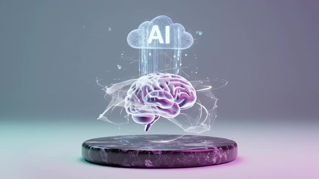 AI and Brain Synchronization Hologram Floating Over Platform &ndash; Clean Background