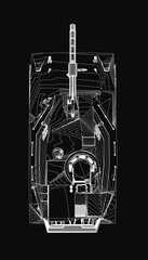 A detailed black and white contour drawing of a military tank highlights its rugged armor, mechanical components, and powerful silhouette on a dark background.