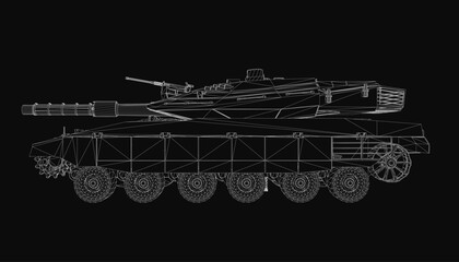 Detailed blueprint of an Battle Tank displayed in wireframe style on a black background. The technical drawing highlights the tank's armored hull, turret.
