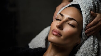 Fototapeta premium Massage therapist wrapping warm towel around client s face in a spa setting with lighting