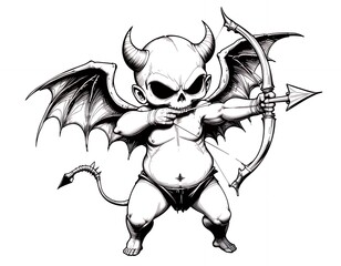 Gothic Devil Cherub Character with Skull Face and Wings Aiming a Bow