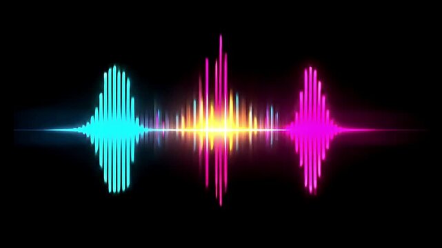 A vibrant sound wave design featuring colorful vertical lines on a black background display art
