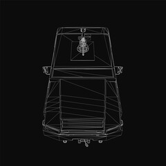A black and white wireframe drawing of a military SUV with detailed headlights, grille, and wheels. The stark black background emphasizes the vehicle's bold design.