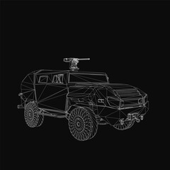 A black and white wireframe drawing of a military SUV features intricate details like headlights, grille, and wheels on a dark background. The armored vehicle has a sleek.