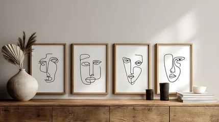Sierkussen Een lijn Minimalist Line Art Faces – Modern Continuous One Line Drawing Wall Art Set for Scandinavian and Contemporary Home Decor  © ekarat