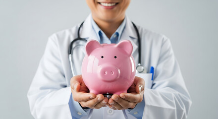 Doctor holding a pink piggy bank emphasizing healthcare finances and savings