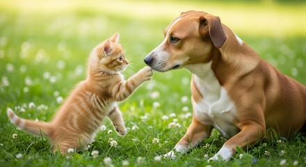 A playful kitten gently touches a friendly dogs nose while they sit in a sunny grassy field