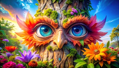 Obraz premium illustration of a pair of eyes guarding an old tree 11