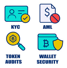 Crypto compliance icon set showing  concepts like KYC, AML, token audits, wallet security, and cold storage. Clean, tech-style icons for blockchain apps and exchanges.