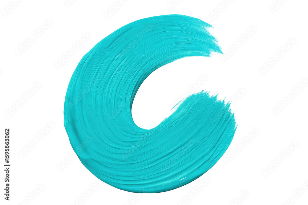 Poster vivid turquoise brush stroke forming a dynamic crescent shape, isolated on a transparent background,