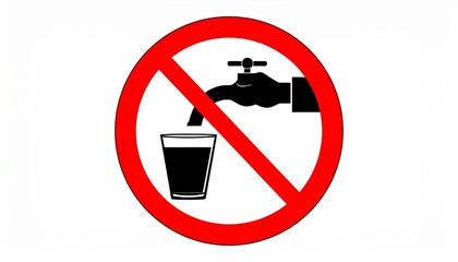 A bold prohibition symbol shows a bottle, glass, and faucet struck through by a red circle and line, warning against drinking possibly contaminated or unsafe water.