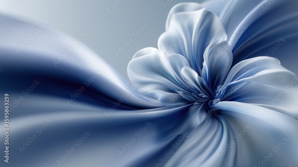 Poster close-up of an elegant blue flower with swirling petals on soft gray gradient background creating dy