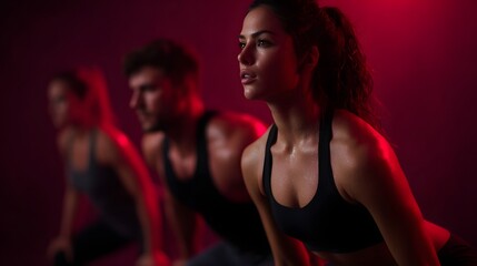 Synchronized fitness group performing dynamic lunges under sharp lighting