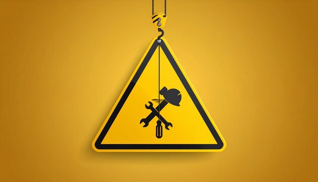 A yellow triangular sign featuring crossed black silhouettes of a wrench, screwdriver, and hammer dangles from a hook on a striped cable—symbolizing caution in areas of manual labor or active repair.